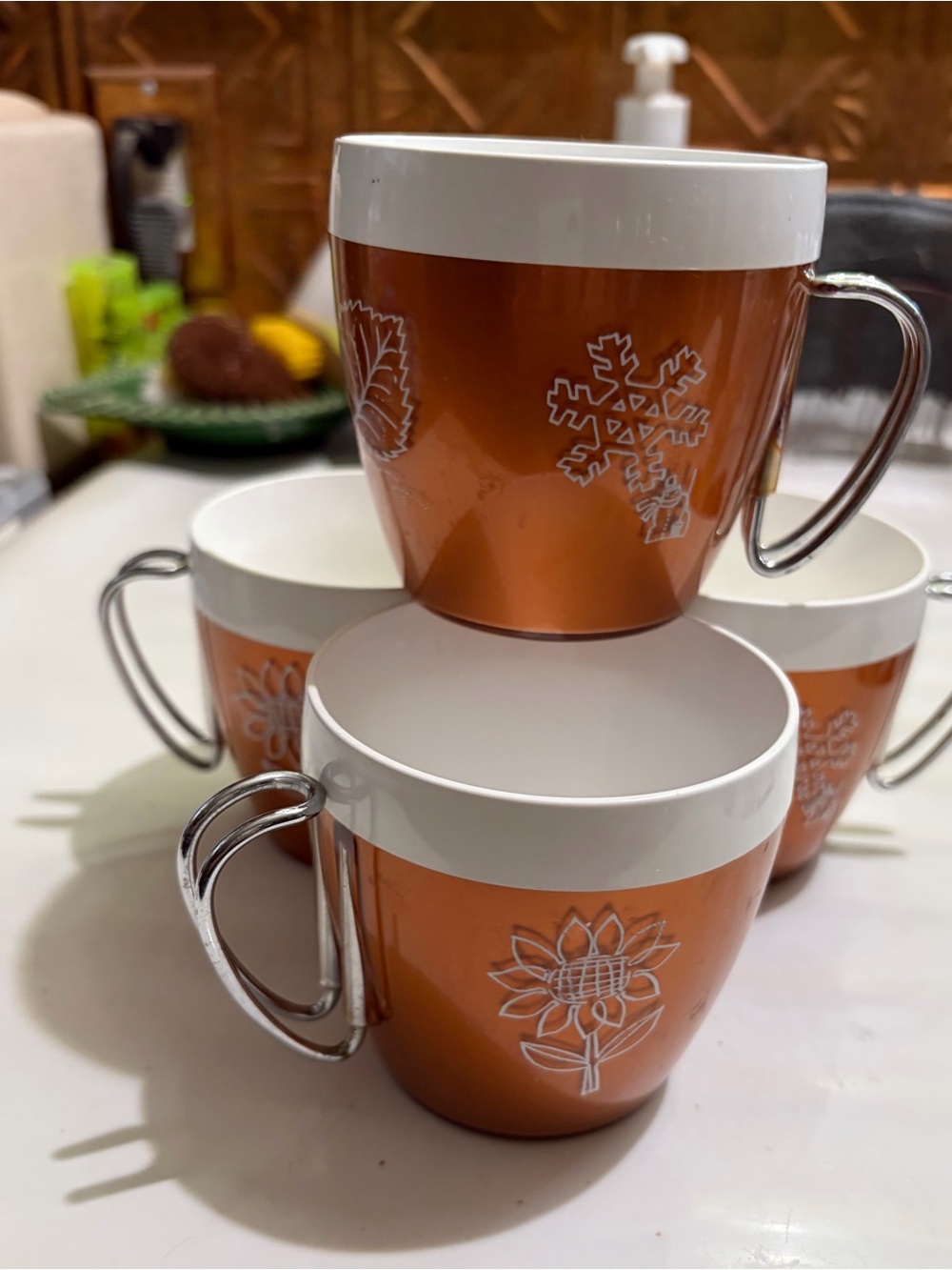 Orange Floral & Snowflake Insulated Mugs - Set of 4